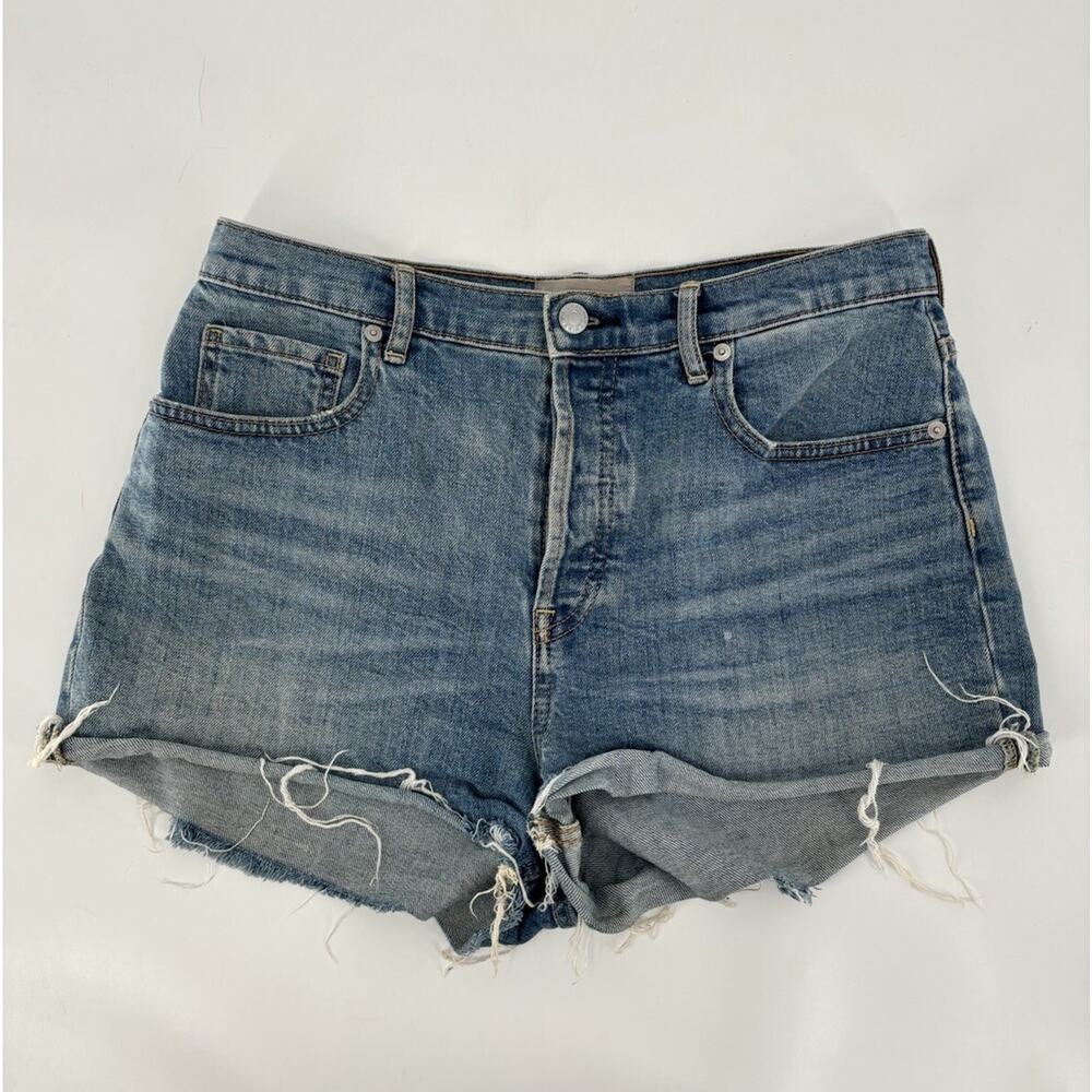 Everlane Cheeky Shorts Womens 30 Blue Denim Jeans Cut Off Logo Patch Medium Wash